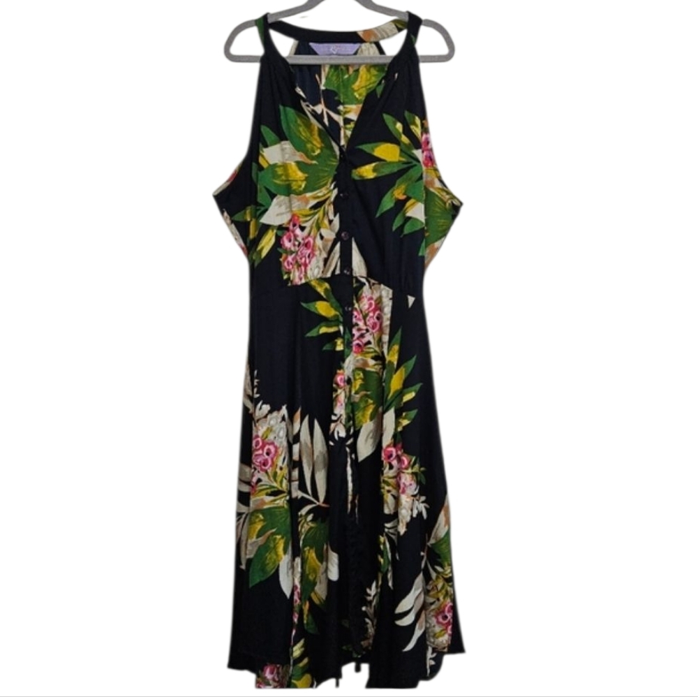 RT Summer Collection Dress Tropical Flowers Button Front Tie Waist *Large